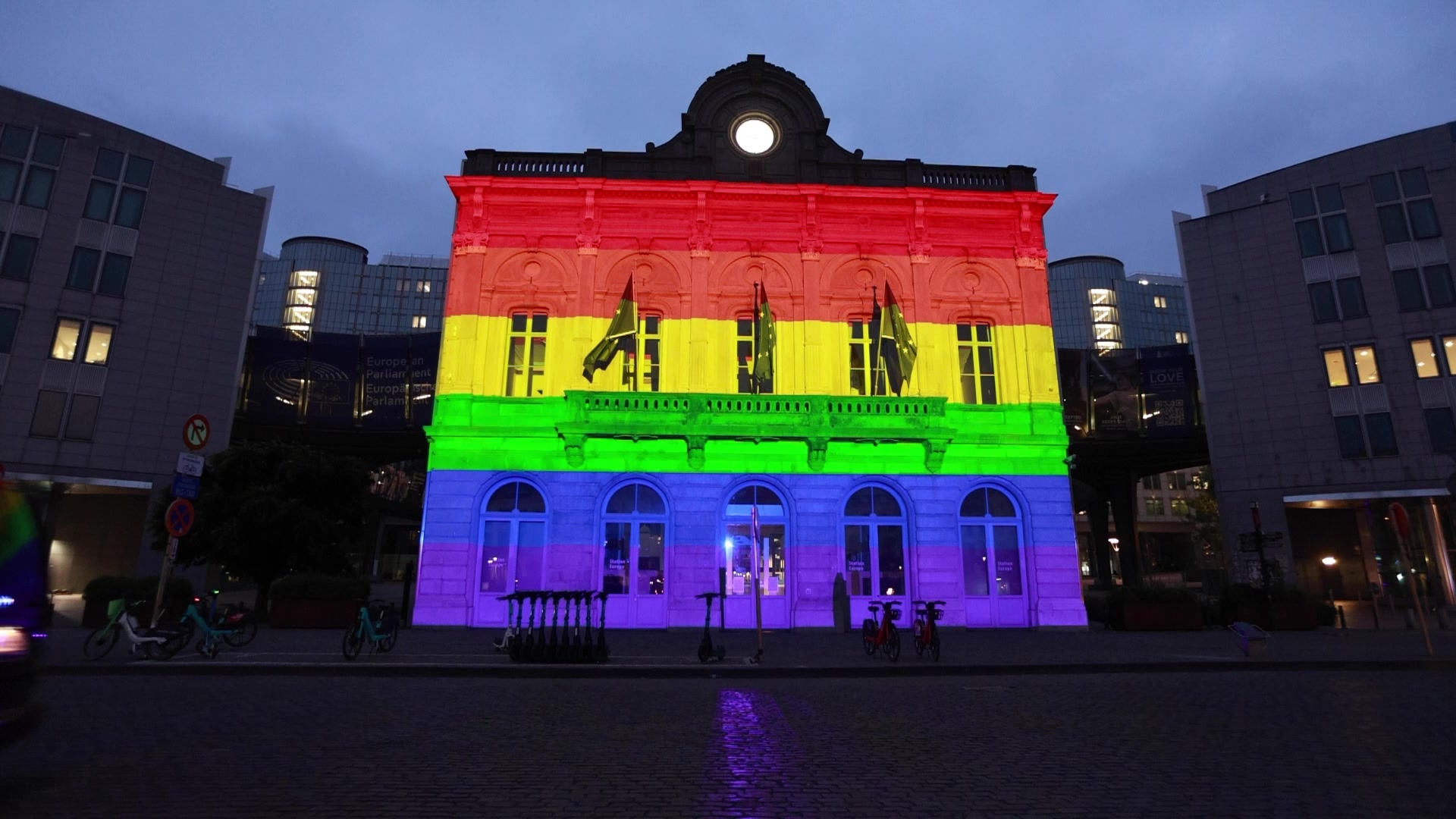 International Day Against Homophobia, Biphobia and Transphobia (IDAHOBIT) 2025: Illuminations and rainbow colour flags raised in front of the buildings of the European Parliament in Brussels and Strasbourg